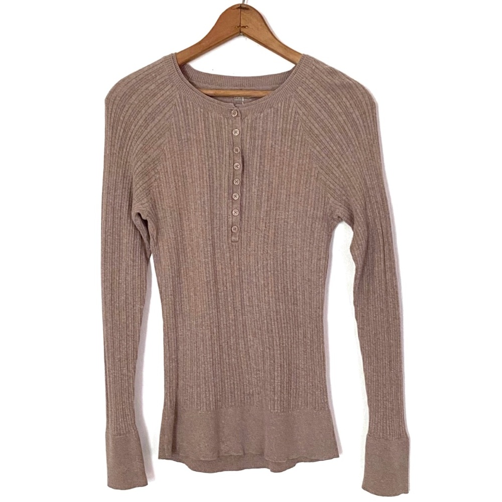 Mossimo Ribbed Henley Sweater Tan Brown Long Sleeve Knit Top Preppy Popover L - Picture 2 of 16
